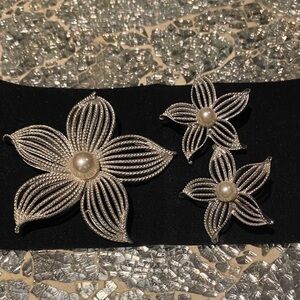 Vintage 1967 Sara Coventry Moon Flower Floral Brooch and Earrings Set